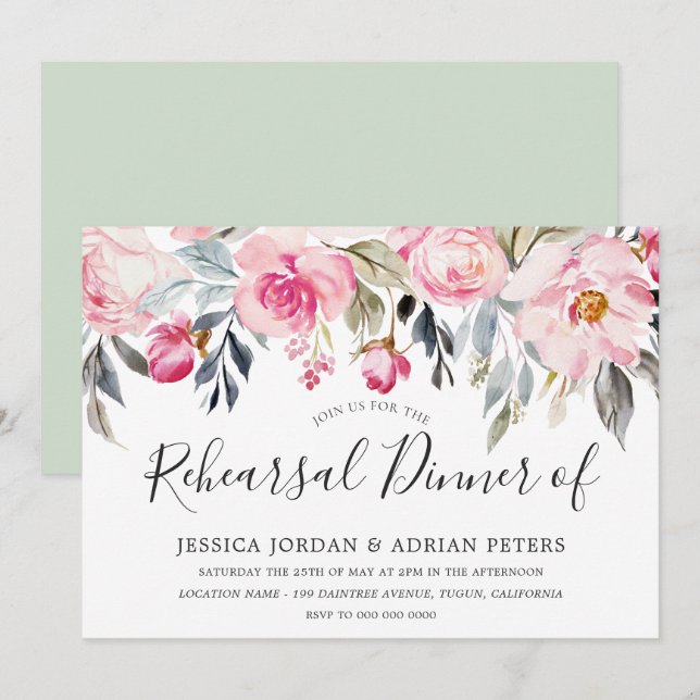 Invitation Dîner de répétition florale Elegant Blush & Greene (Devant / Derrière)