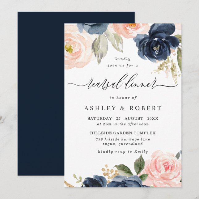 Invitation Dîner de répétition florale Elegant Blush & Navy (Devant / Derrière)