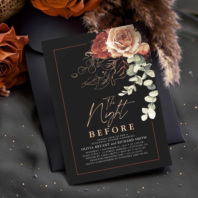 Invitation Dîner De Répétition Florale En Terracotta Brûlé (Terracotta and Black Rehearsal Dinner Invitations)