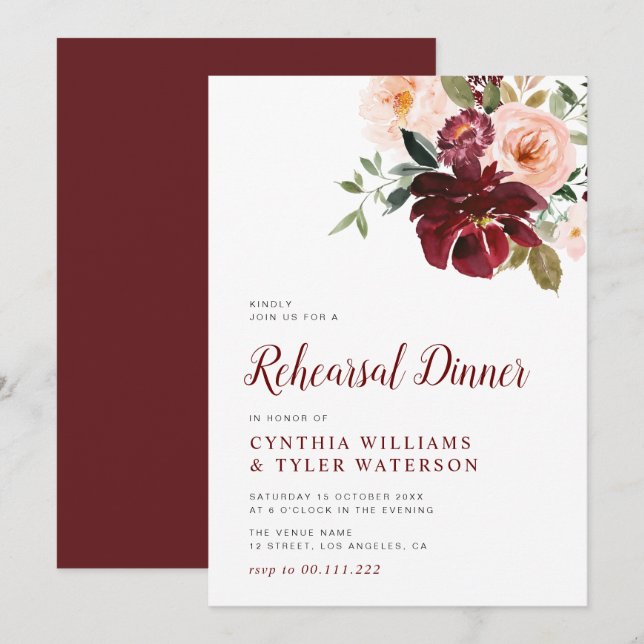 Invitation Dîner de répétition florale et bordeaux moderne (Devant / Derrière)