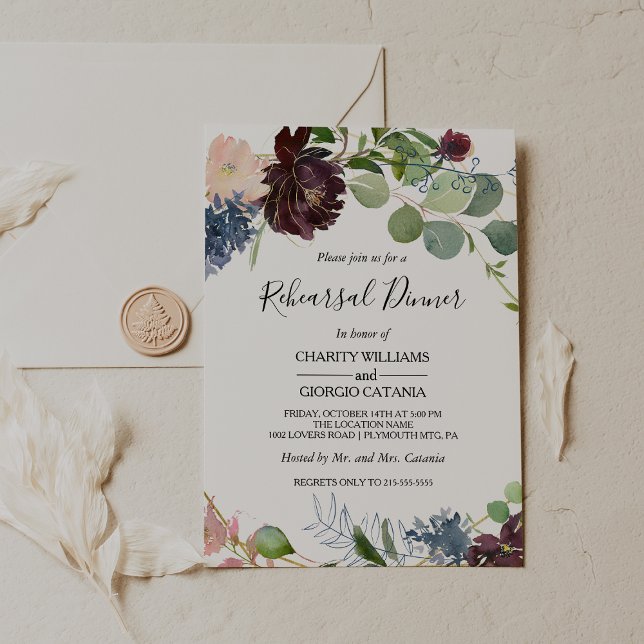 Invitation Dîner de répétition florale et verte de Bourgogne (Créateur téléchargé)