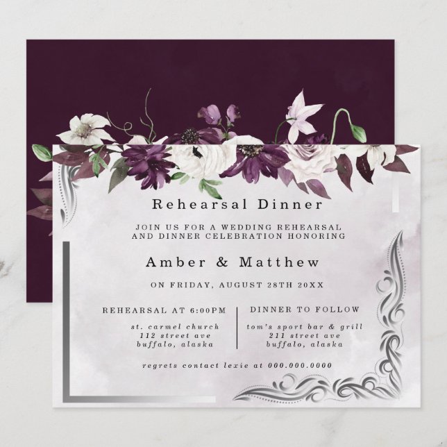 Invitation Dîner de répétition florale géométrique en argent  (Devant / Derrière)