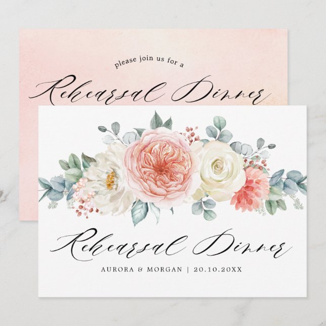 Invitation Dîner de répétition florale Peach Pastel (Devant / Derrière)