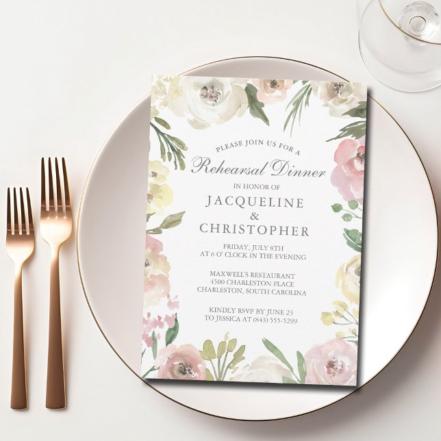 Invitation Dîner De Répétition Florale Rose Bleu Élégant (Créateur téléchargé)