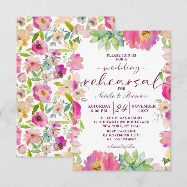 Invitation Dîner de répétition florale rose chic floral Maria (Devant / Derrière)