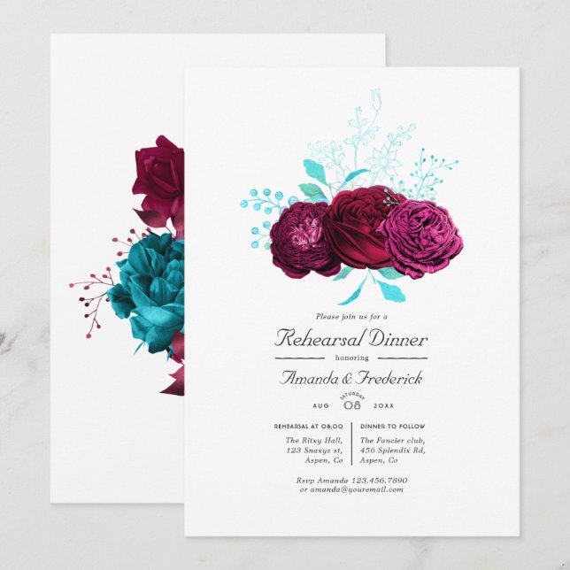 Invitation Dîner de répétition florale turquoise et bourguign (Devant / Derrière)