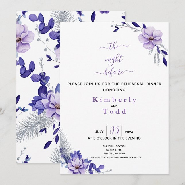 Invitation Dîner de répétition florale violet et argent I (Devant / Derrière)