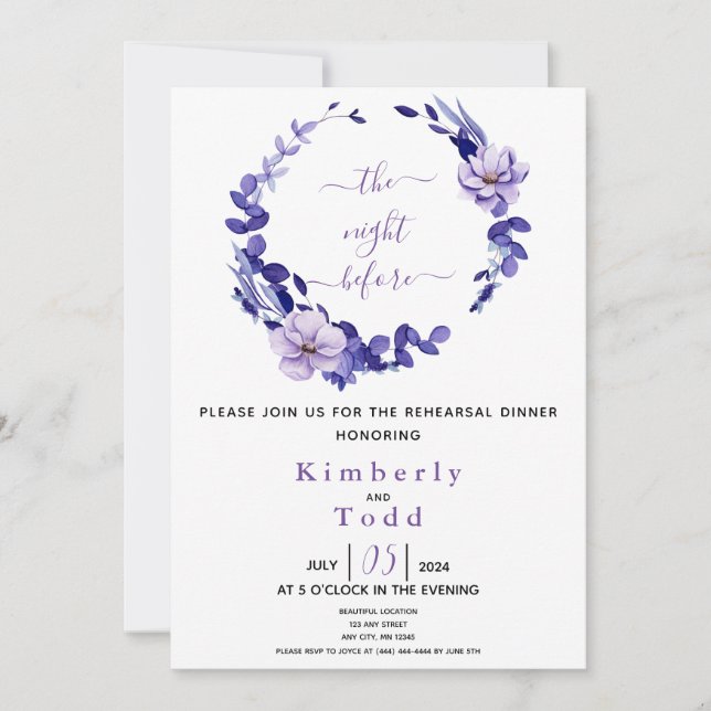 Invitation Dîner de répétition florale Violet & Lavande Invit (Devant)