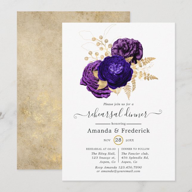 Invitation Dîner de répétition florale violet, violet et or (Devant / Derrière)