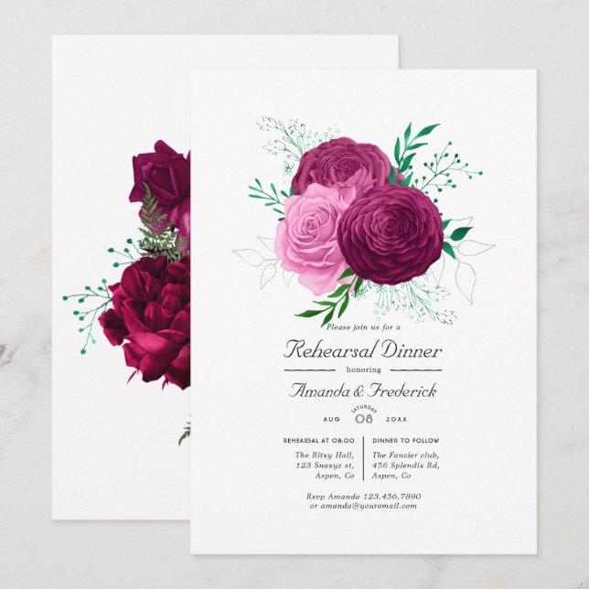 Invitation Dîner de répétition florale Viva Magenta (Devant / Derrière)