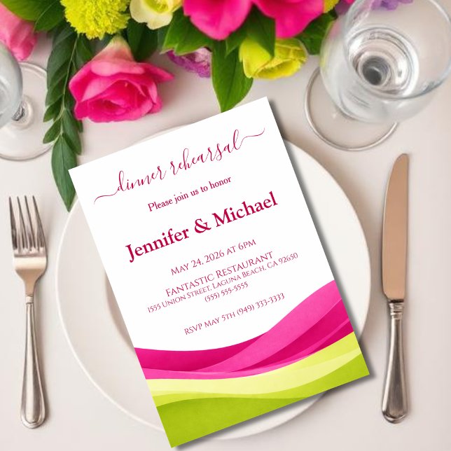 Invitation Dîner de répétition Fuchsia et Vert Citron (Fuchsia and Lime Green Dinner Rehearsal  Invitation )