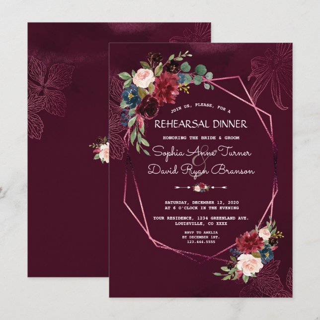 Invitation Dîner de répétition géométrique de la Royal Bourgo (Devant / Derrière)