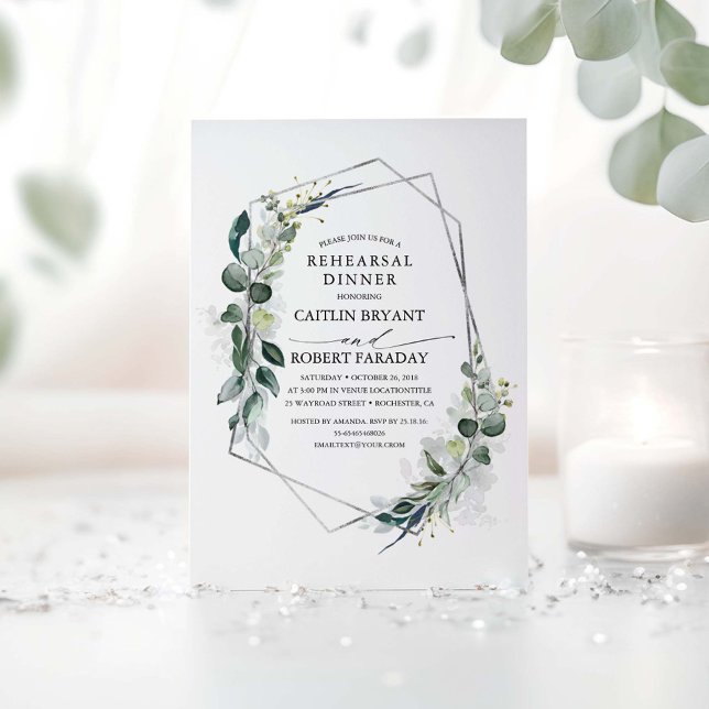 Invitation Dîner de répétition géométrique Eucalyptus Greener (Silver Greenery Rehearsal Dinner Invitations)