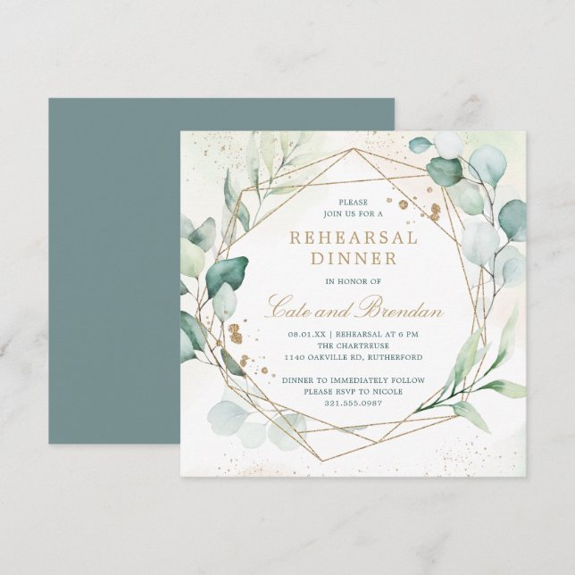 Invitation Dîner de répétition géométrique Eucalyptus Greener (Devant / Derrière)