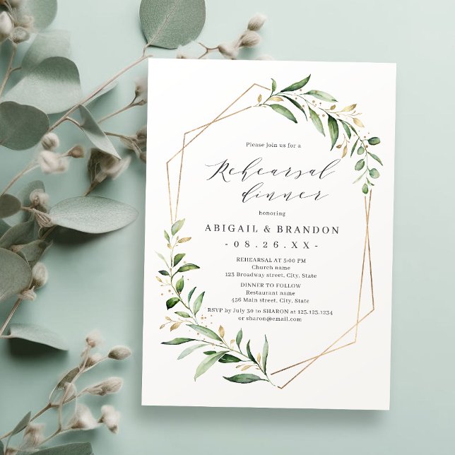 Invitation Dîner de répétition géométrique géométrique en or  (Greenery Gold Geometric Rustic Rehearsal Dinner In Invitation)