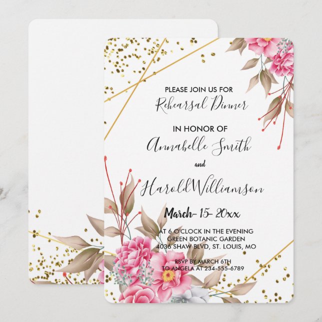Invitation Dîner de répétition géométrique Gold Frame rose Fl (Devant / Derrière)