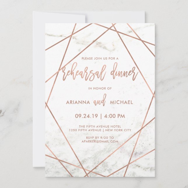Invitation Dîner de répétition géométrique marbre et or Rose (Devant)