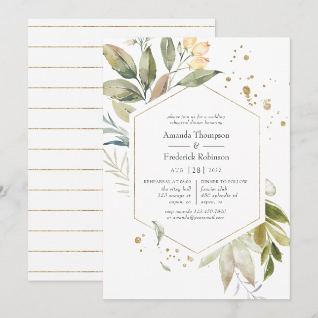 Invitation Dîner de répétition géométrique Serenity Greenery (Devant / Derrière)