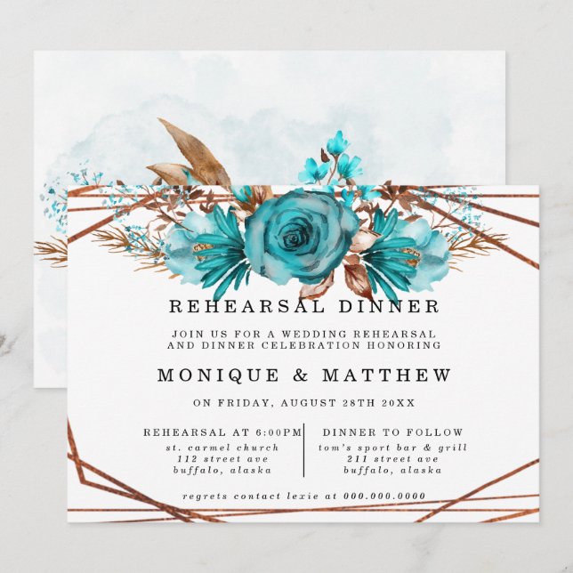 Invitation Dîner de répétition géométrique Turquoise Gold Peo (Devant / Derrière)