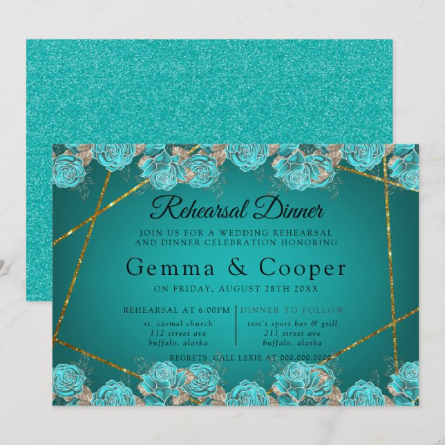 Invitation Dîner de répétition géométrique Turquoise Rose Gol (Devant / Derrière)