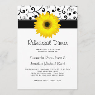 Invitation Dîner de répétition Gerbera Jaune Daisy Black Scro