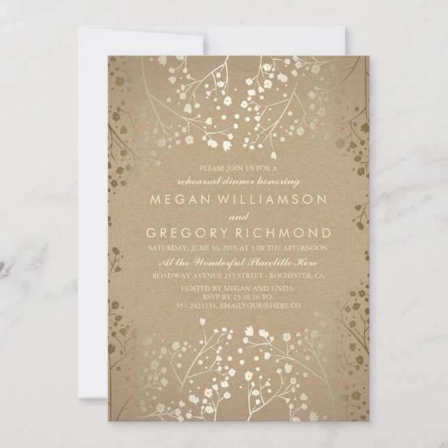 Invitation Dîner de répétition Gold Baby's Breath Kraft (Devant)
