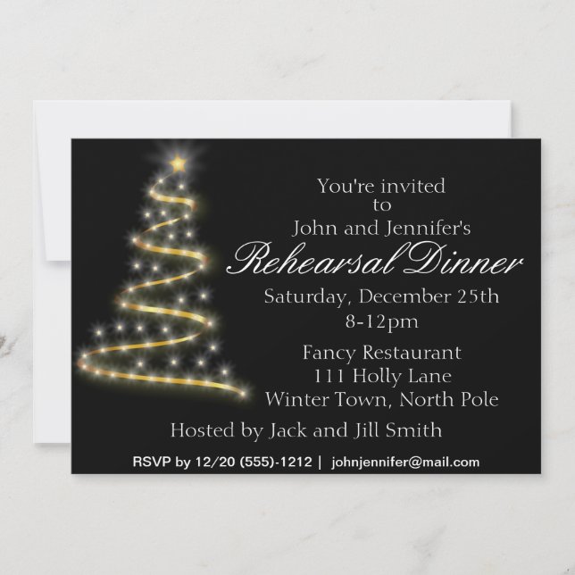 Invitation Dîner de répétition Gold Black Christmas Tree (Devant)