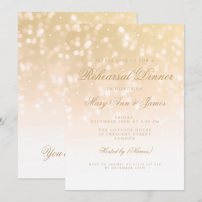 Invitation Dîner de répétition Gold Bokeh Éclairage (Devant / Derrière)
