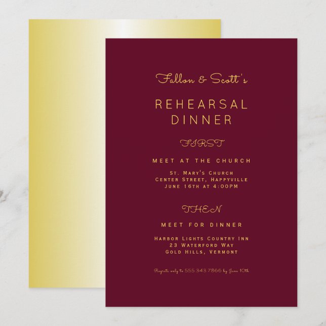 Invitation Dîner de répétition Gold et Bourgogne (Devant / Derrière)