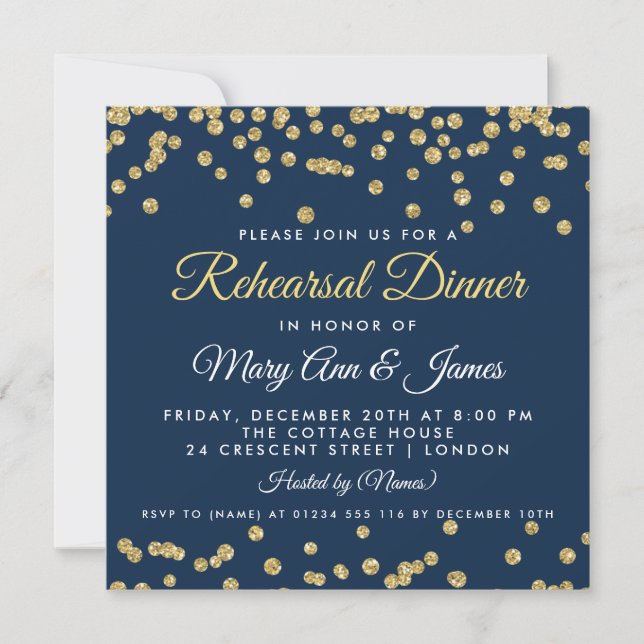 Invitation Dîner de répétition Gold Faux Parties scintillant  (Devant)