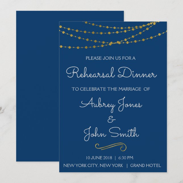 Invitation Dîner de répétition Gold Foil String (Devant / Derrière)
