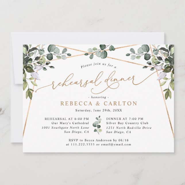 Invitation Dîner de répétition Gold Green Elegant (Devant)