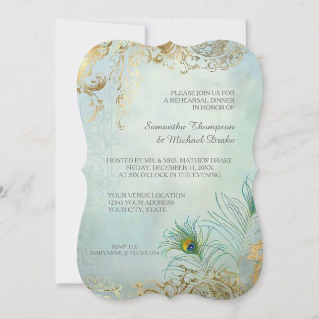 Invitation Dîner de répétition Gold Leaf Peacock Feather Eleg (Devant)