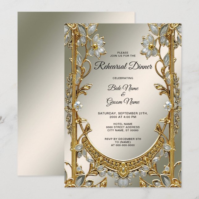 Invitation Dîner de répétition Gold Ornate White Floral (Devant / Derrière)