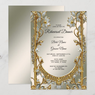 Invitation Dîner de répétition Gold Ornate White Floral