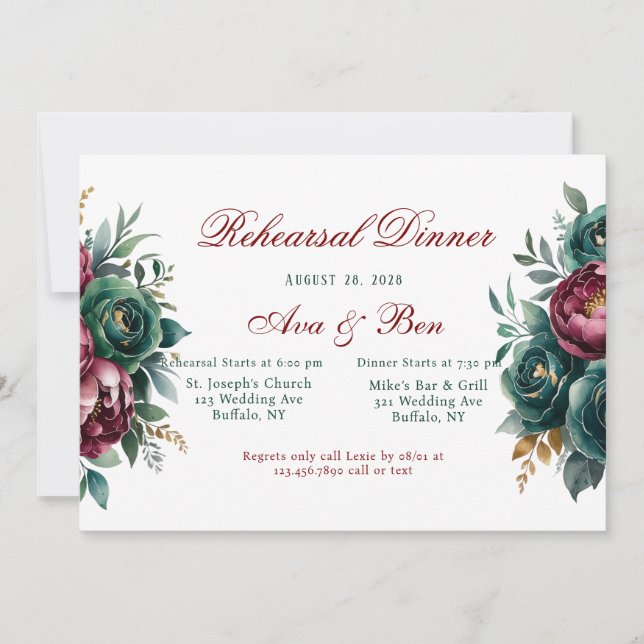 Invitation Dîner de répétition Gold Peony Emerald Green de Bo (Devant)