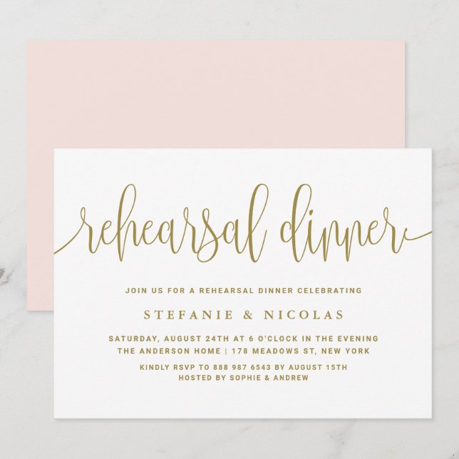Invitation Dîner de répétition Gold Pretty Calligraphy (Devant / Derrière)