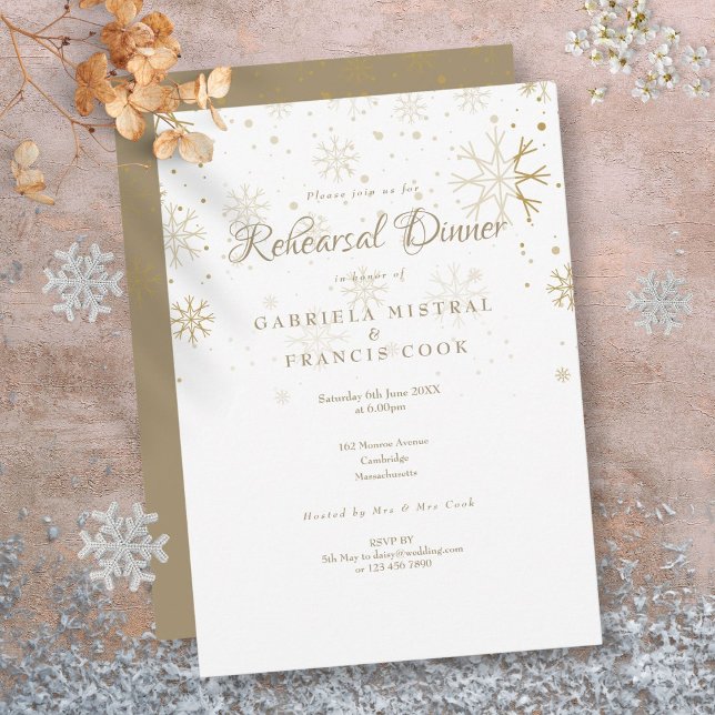 Invitation Dîner de répétition Gold Snowflakes (Gold Snowflakes Rehearsal Dinner Invitation)