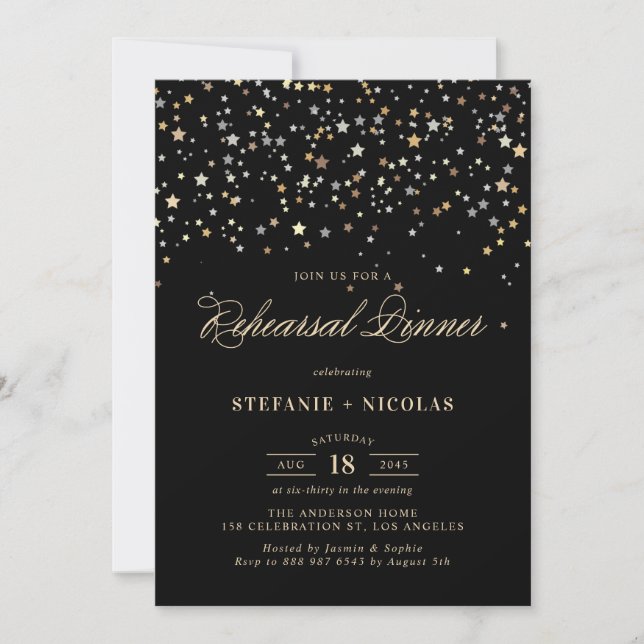 Invitation Dîner de répétition Gold Star Confetti (Devant)