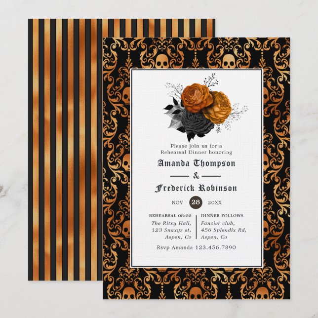 Invitation Dîner de répétition gothique floral noir et orange (Devant / Derrière)