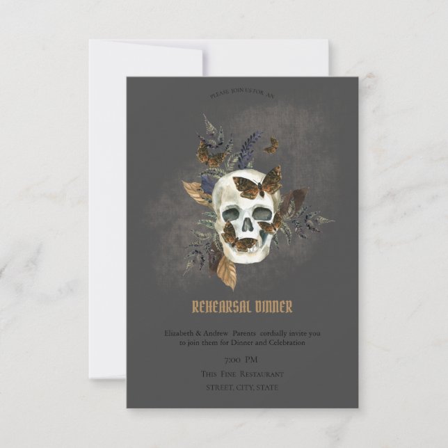 Invitation Dîner de répétition Gothique Floral Skull Butterfl (Devant)