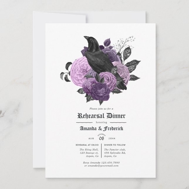 Invitation Dîner de répétition gothique Glam Purple Raven (Devant)
