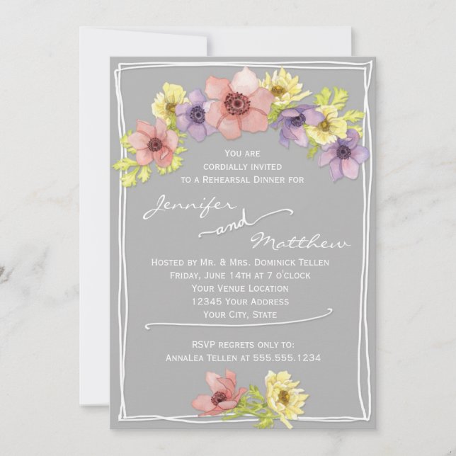 Invitation Dîner de répétition gris d'aquarelle florale moder (Devant)