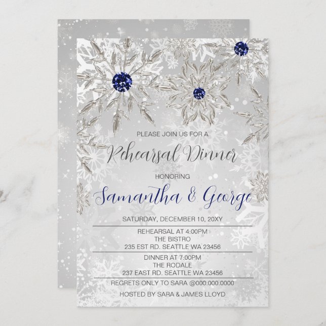 Invitation Dîner de répétition hivernal Silver Navy Snowflake (Devant / Derrière)