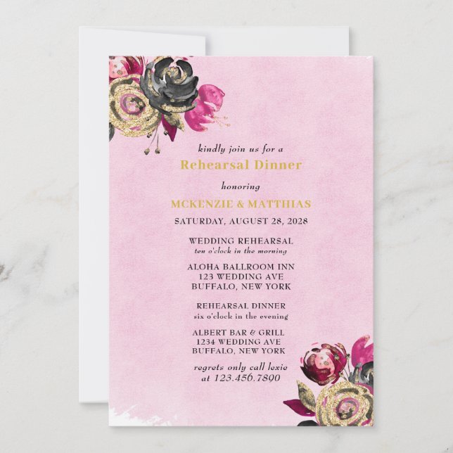 Invitation Dîner de répétition Hot Rose Black Gold Peony (Devant)