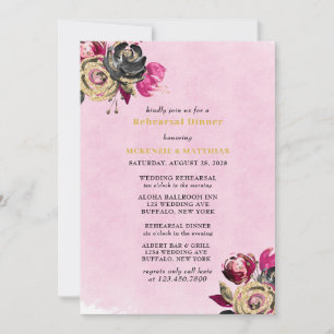 Invitation Dîner de répétition Hot Rose Black Gold Peony