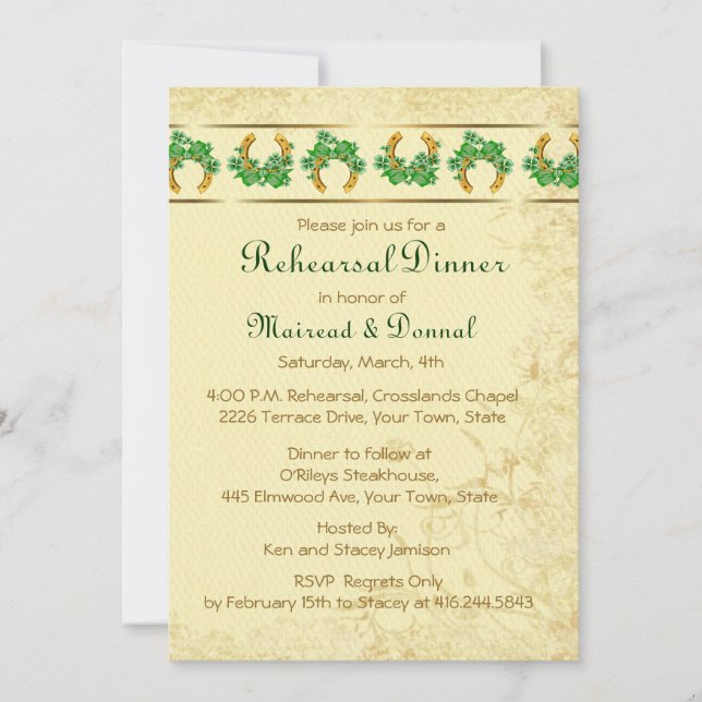 Invitation Dîner de répétition irlandais shamrock et or (Devant)