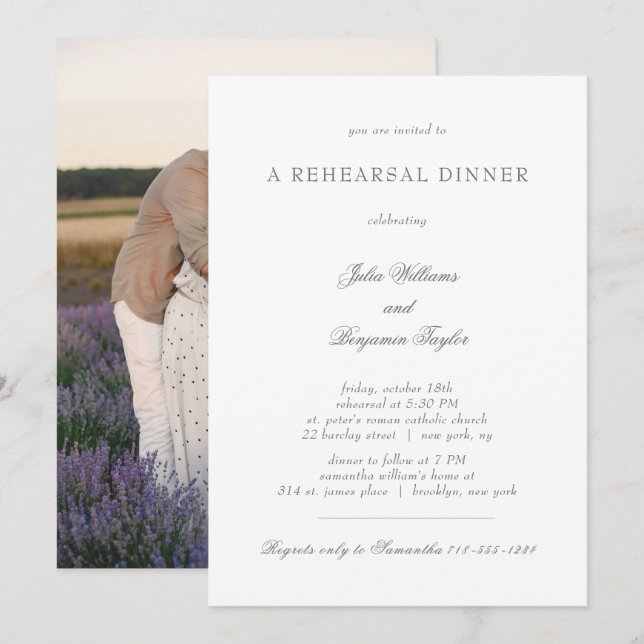 Invitation Dîner de répétition Julia Simple Argent Script Pho (Devant / Derrière)