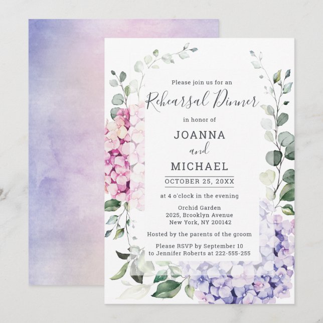 Invitation Dîner de répétition Light Blue Hydrangea & Eucalyp (Devant / Derrière)