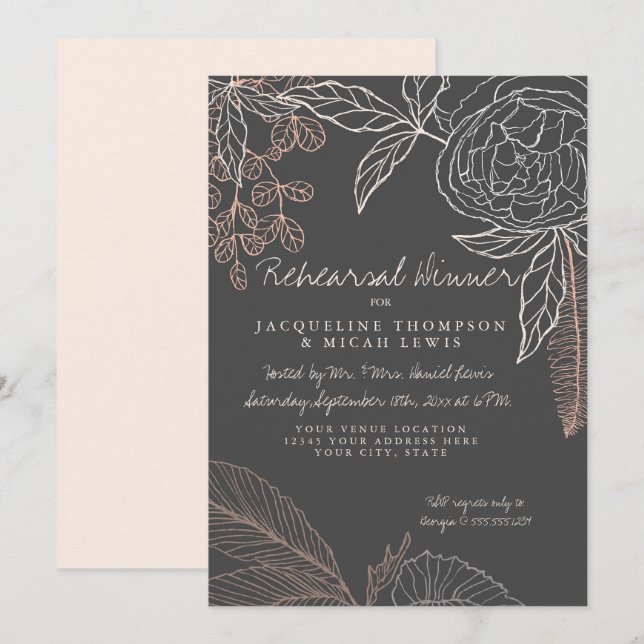 Invitation Dîner de répétition Ligne Art Charcoal Floral Peon (Devant / Derrière)